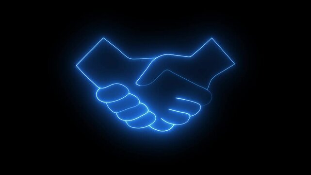 Glowing neon Symbol of handshake, agreement contract concept. Neon light animation concept icon check hand