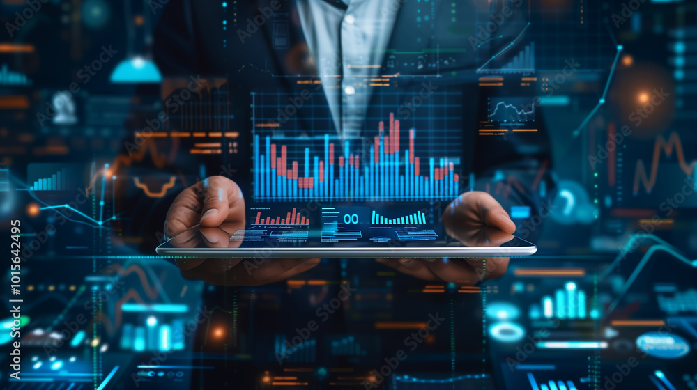 Aufkleber a businessman holding a digital tablet with business data statistics display on it, data audit or an