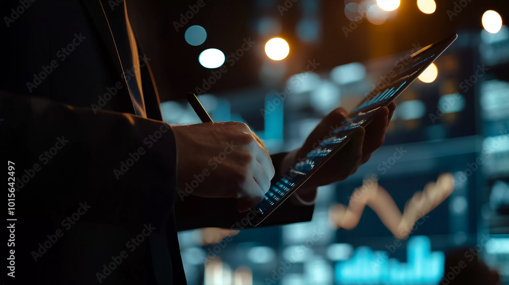 Poster a businessman holding a digital tablet with business data statistics display on it, data audit or an