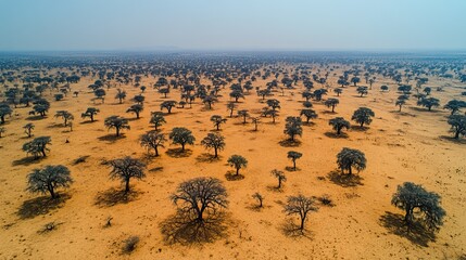 Several dead acacia trees are scattered in a clay pan, as seen from the air in this desert landscape.