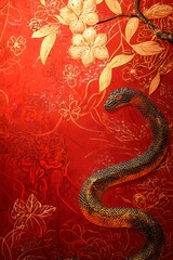 Obraz premium Chinese New Year 2025 backdrop with an elegant snake on a red background with golden patterns creates an atmosphere of power and wealth with the snake zodiac. Generative AI&nbsp;