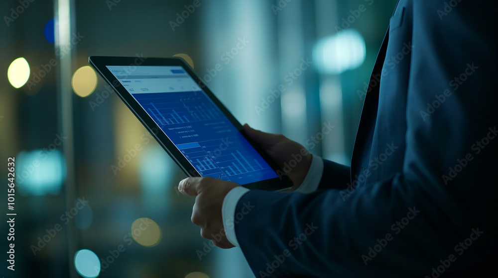 Poster a businessman holding a digital tablet with business data statistics display on it, data audit or an