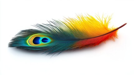 A single peacock feather with vibrant blue, green, yellow, and red colors, isolated on a white background.