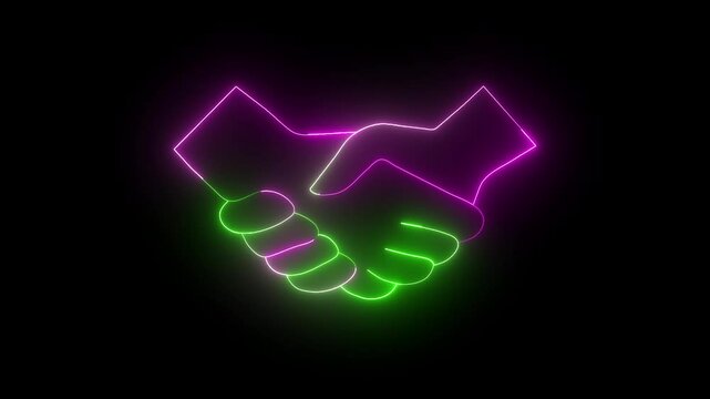 Glowing neon Symbol of handshake, agreement contract concept. Neon light animation concept icon check hand