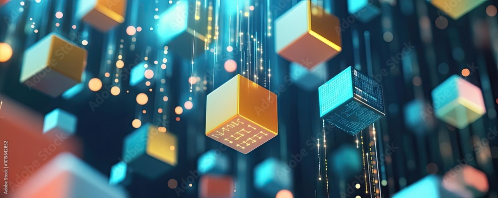 Poster vibrant 3d cubes suspended in digital space, surrounded by glowing particles and light trails, creat