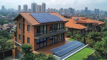 Naklejka premium Solar panels are becoming a prominent clean energy source as technicians actively install them in urban areas.