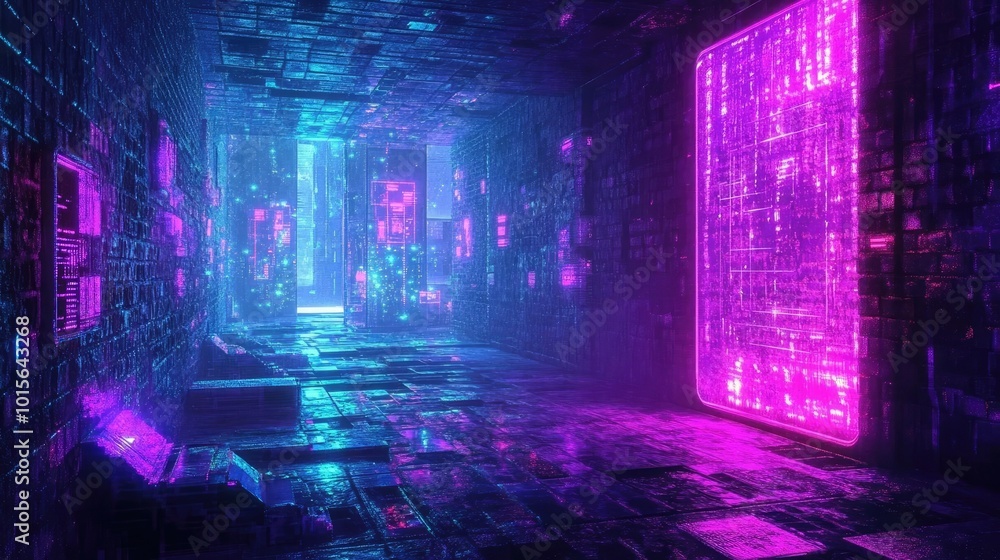 Poster futuristic digital space with vibrant neon lights and glowing patterns, creating an immersive high-t
