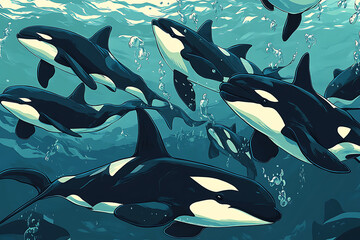 Naklejka premium A vibrant underwater scene featuring a pod of orcas swimming together.