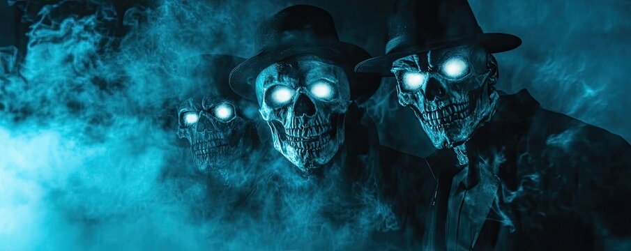 Eerie skeletal figures with glowing eyes emerge from the mist, evoking a haunting atmosphere perfect for Halloween themes.