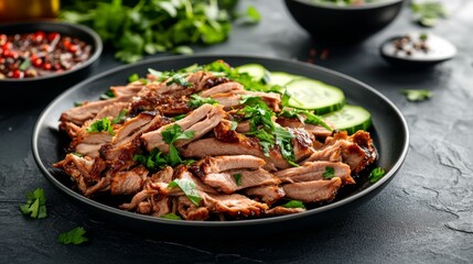 Fototapeta premium A plate features tender pulled pork dressed with herbs and accompanied by refreshing cucumber slices, creating an enticing and flavorful presentation on a stone surface