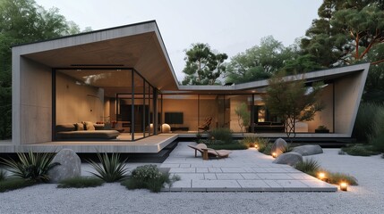 Fototapeta premium Sleek minimalist house showcasing geometric lines and a gravel driveway.