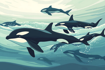 A stylized illustration of orcas swimming in a serene ocean environment.