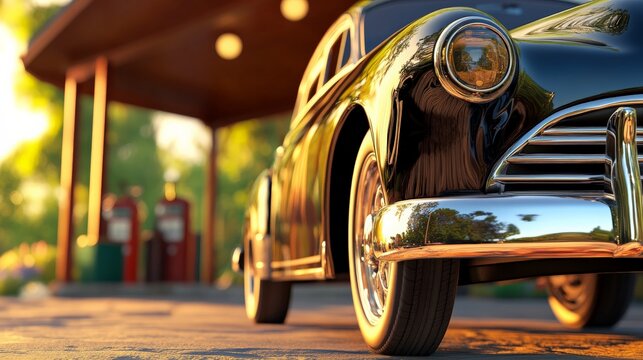 Fototapeta Golden Vintage Car Parked in Front of Old Garage