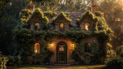 Obraz premium A picturesque cottage with ivy tendrils climbing around the windows and doors, illuminated by warm golden sunlight.