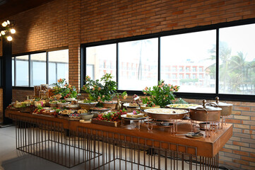 buffet, interior of a hotel, interior of a restaurant, table with food, party buffet
