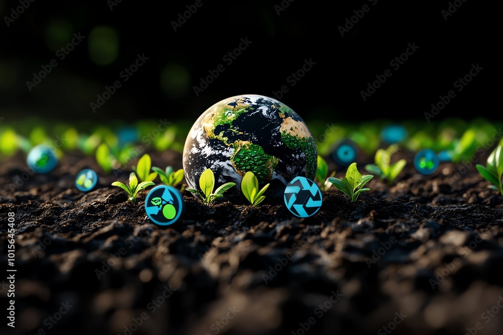 Poster Minimalist representation of the planet surrounded by sustainable symbols, showing a vision for a green future in a simple design