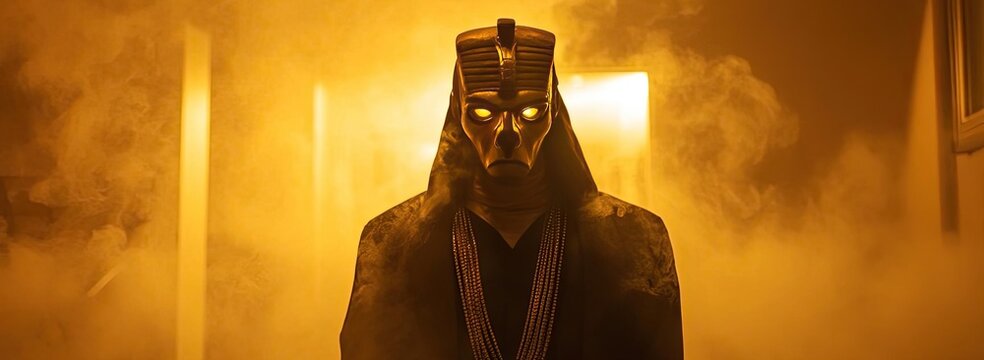 A mysterious figure in an ancient mask stands amidst golden mist, evoking themes of power and mystery in a dramatic setting.