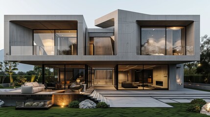Fototapeta premium A stylish home with geometric shapes and polished concrete facades.