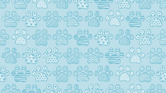 Hand drawn paw prints pattern background (16 seconds loop) blue