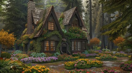 Fototapeta premium A cozy ivy-draped cottage surrounded by colorful flower beds and tall trees
