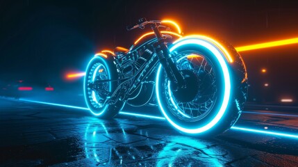 A futuristic motorcycle with glowing neon blue and orange lights cruises along a rain-soaked urban road at night. The vibrant neon lights reflect off the wet surface, creating a striking visual effect