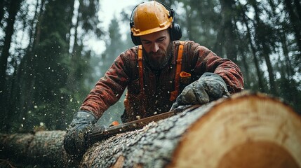 Lumberjack cutting a log with a chainsaw in a forest