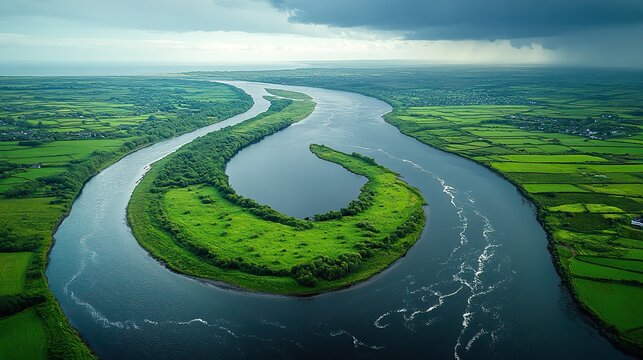 The River Bann in Northern Ireland is seen from above, its waters flowing from Lough Neagh through the port town of Kilrea.