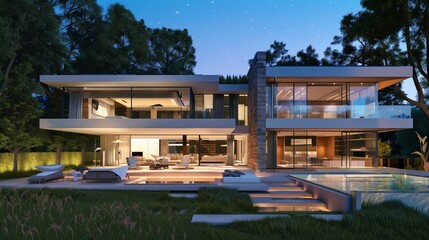 Fototapeta premium A lavish modern mansion with a flawless integration of interior and exterior areas.