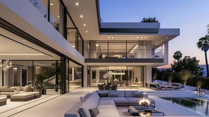Fototapeta premium A sophisticated modern mansion that effortlessly merges indoor and outdoor living spaces.