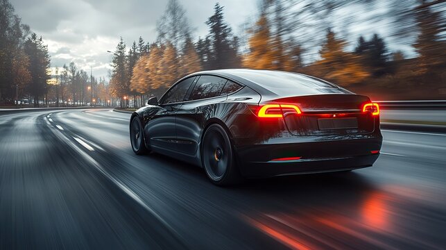 The sleek interior of a luxurious black electric car offers a dynamic driving experience on a peaceful highway, merging technology and nature.