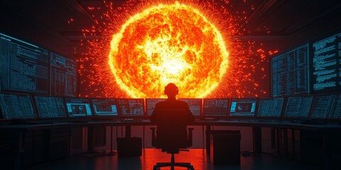 Fototapeta premium Person in control room observing a bright sun explosion on computer screens.