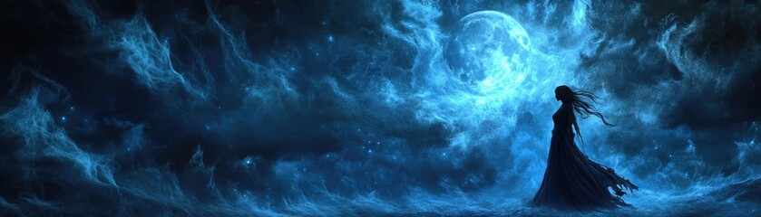 A mystical figure stands in a dreamlike, blue haze, illuminated by a glowing moon amidst swirling clouds, evoking a sense of wonder.