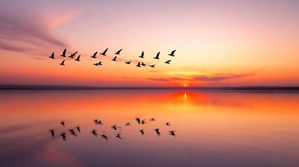 A flock of birds fly over a still lake during a vibrant sunset.