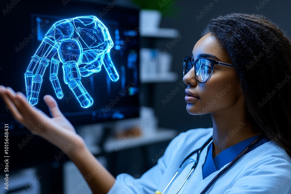 Aufkleber people collaborating on futuristic healthcare technology, brainstorming how to use ai and robotics t