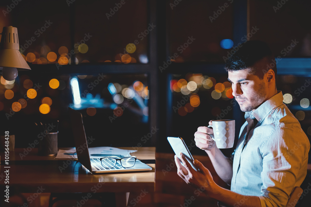 Poster business app. businessman using smartphone texting in corporate chat working on laptop overnight in 