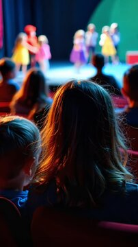 A theater audience watching a performance on stage. Children and adults are seated.