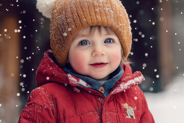 Adorable toddler wearing a cozy beanie and red winter jacket, smiling while snow falls gently in a winter scene.