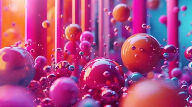 A vibrant collection of colorful spheres floats amidst abstract poles in a futuristic 3D setting. The blend of pink, orange, and blue tones creates a lively, playful atmosphere, ideal for creative or