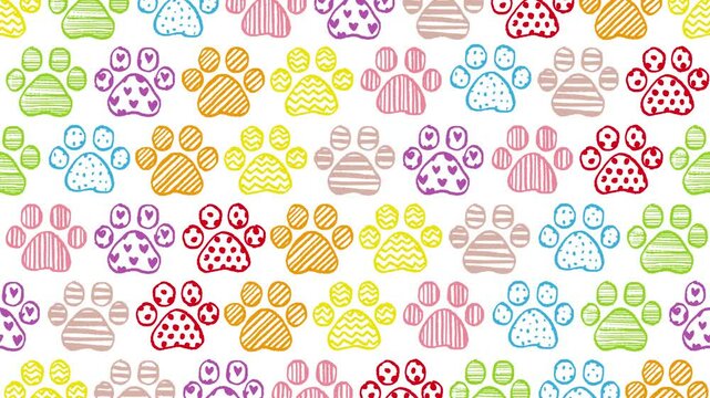 Hand drawn paw prints pattern background (16 seconds loop) colorful