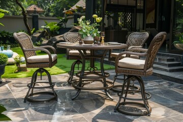 Fototapeta premium Elegant 5-Piece Patio High Top Dining Set with Swiveling Chairs and Square Glass Table for Backyard