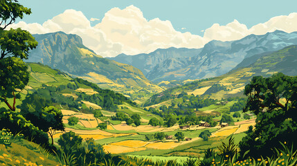Obraz premium Ethiopian highlands' mountains, fields, and hills. Ethiopian Highlands. Illustration