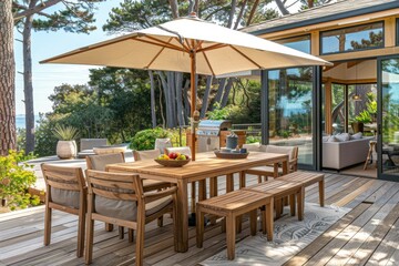 Fototapeta premium Elegant Coastal Dining Table Set with Natural Wood Tones on Beach House Deck