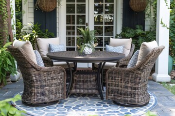 Fototapeta premium Dark Brown Wicker Outdoor Dining Set with Circular Table on Light Blue Patterned Rug