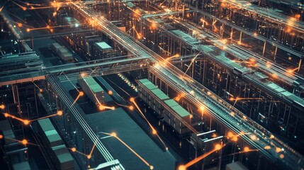 A comprehensive concept of a distribution center and communication network, illustrating the logistics flow and interconnected systems.