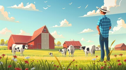 Fototapeta premium Cartoon vector Modern cattle farm scene with cows in spacious barns and robotic milking machines