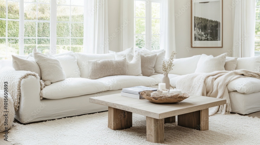 Poster a white sectional sofa with a throw blanket sits in a bright, airy living room with large windows. t