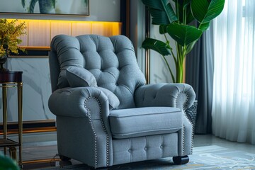 Elegant Home Setting with Grey Fabric Glider Recliner and Beaded Trim Armrests