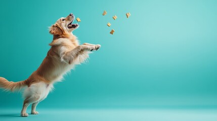 A golden retriever energetically jumps, mouth open wide, as it attempts to catch a flying dog treat in mid-air. The soft blue backdrop enhances the dog's vibrant fur and lively expression