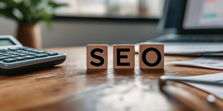 A close-up view of a desk with SEO blocks, calculator, and documents. Perfect for digital marketing and business concepts.