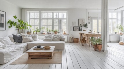 A spacious living area featuring a white sectional sofa, light-colored wooden flooring, and an abundance of houseplants. The room is filled with natural light filtering through large windows.